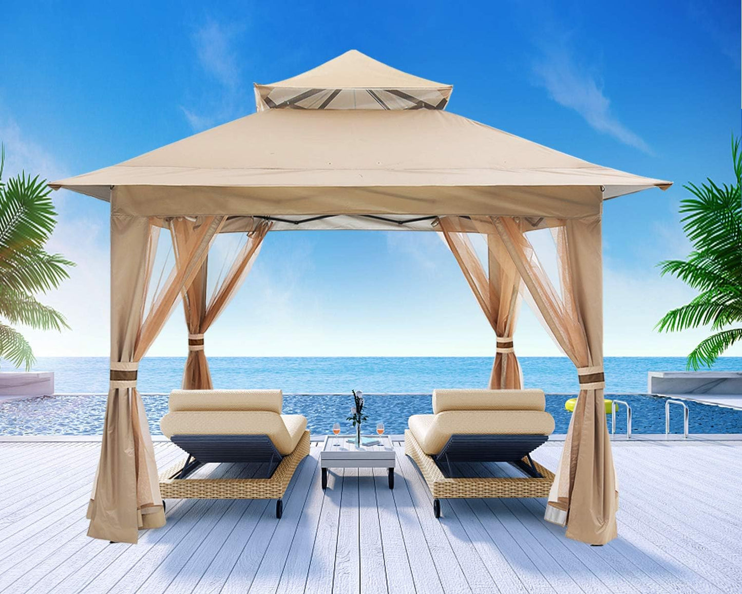 Pop up Gazebo 13X13 - Outdoor Canopy Tent with Mosquito Netting for Patio Garden Backyard (Khaki)