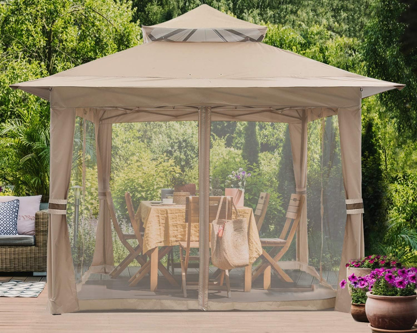 Pop up Gazebo 13X13 - Outdoor Canopy Tent with Mosquito Netting for Patio Garden Backyard (Khaki)