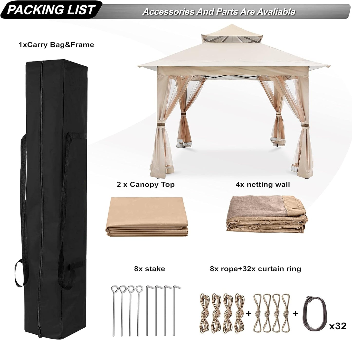 Pop up Gazebo 13X13 - Outdoor Canopy Tent with Mosquito Netting for Patio Garden Backyard (Khaki)