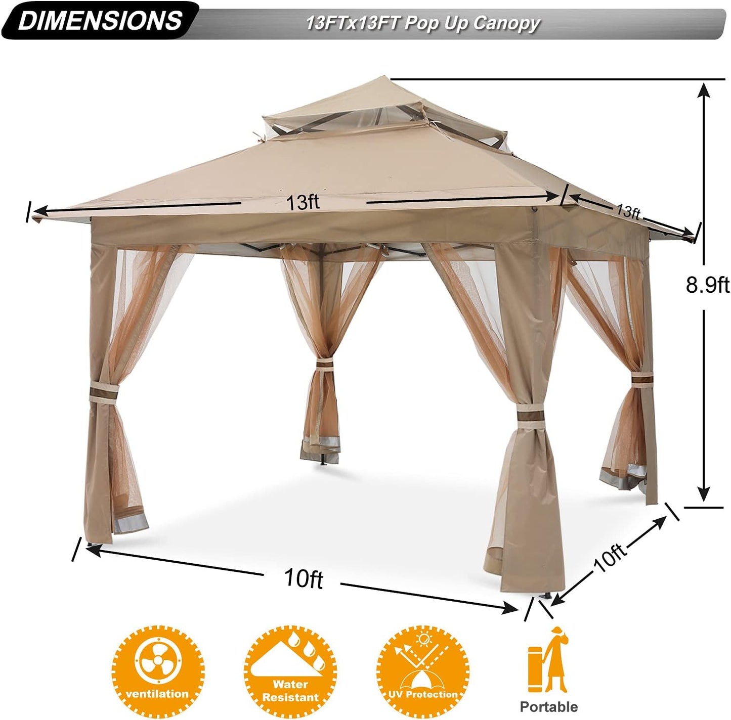 Pop up Gazebo 13X13 - Outdoor Canopy Tent with Mosquito Netting for Patio Garden Backyard (Khaki)