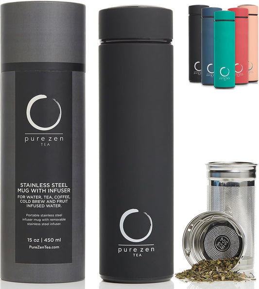 Thermos with Infuser - Stainless Steel Insulated Tea Infuser Tumbler for Loose Leaf Tea, Iced Coffee and Fruit-Infused Water - Leakproof Tea Tumbler with Infuser - 15Oz - Black