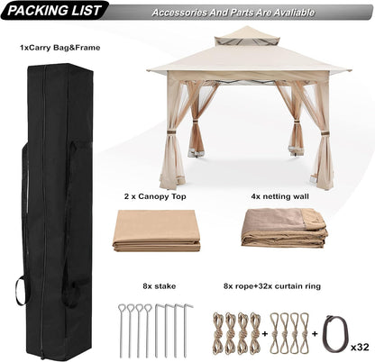 Pop up Gazebo 13X13 - Outdoor Canopy Tent with Mosquito Netting for Patio Garden Backyard (Khaki)